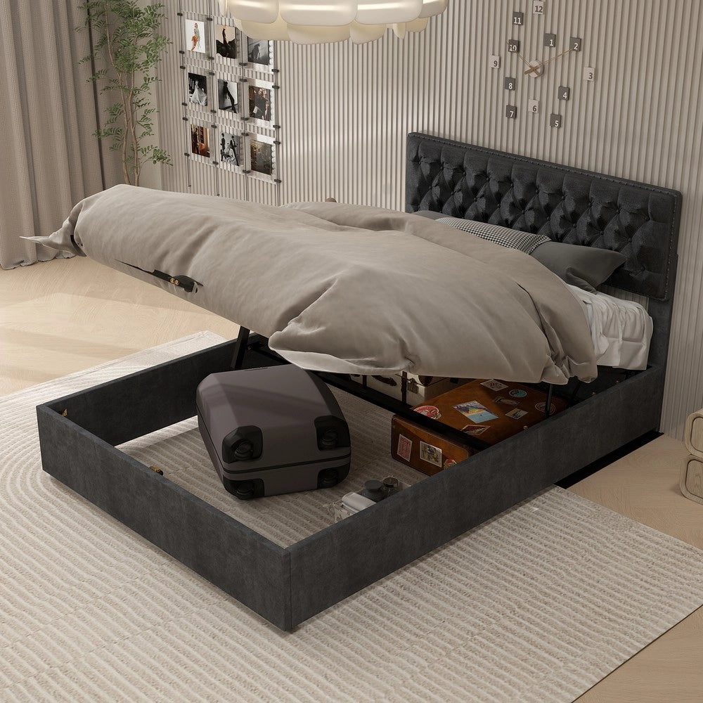Letto Contenitore Imbottito ¨C MINIMAL ¨C Grigio 160x200 con Testiera, Idraulico