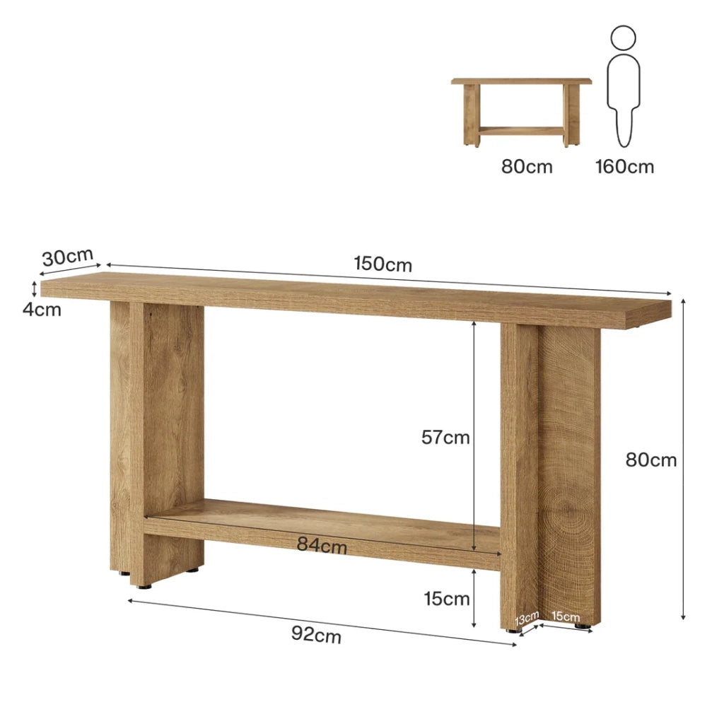 Consolle in MDF a due livelli 150x30x80 cm con design rustico per ingresso o soggiorno
