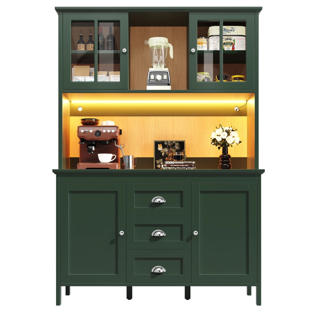 Credenza alta da cucina con ripiani; LED; 2 piedini regolabili; ante in vetro marrone e cassetti per cucina; verde; 120 × 40 × 179 cm