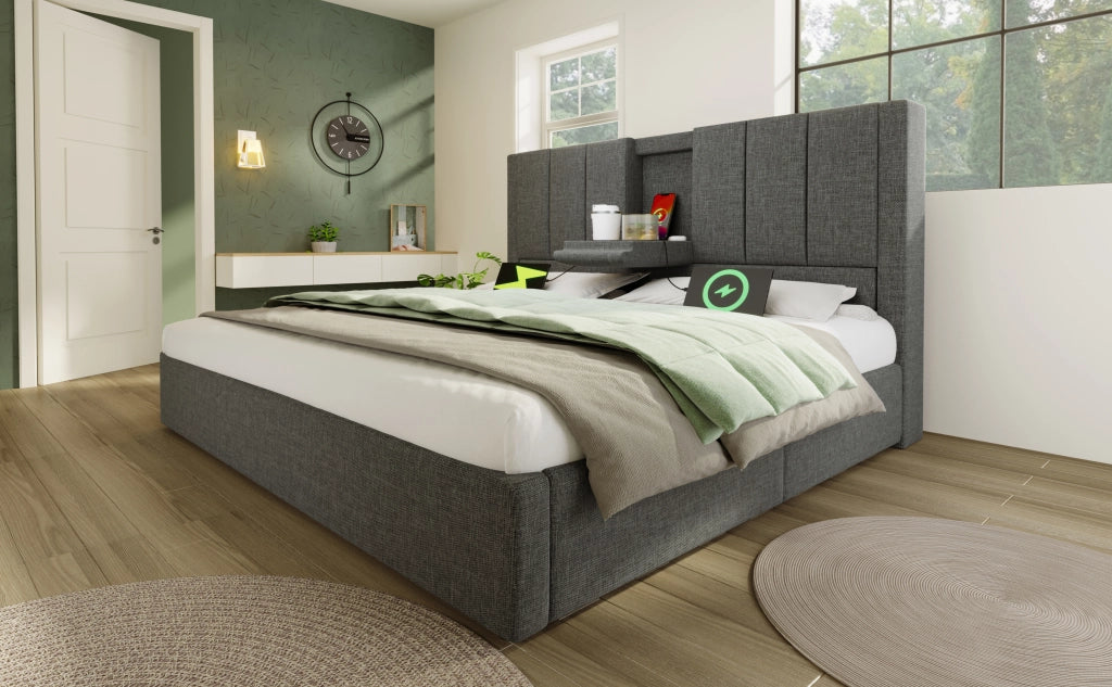 DESMIU Letto contenitore 140 × 200 cm 2 posti con portabicchieri, ricarica USB e Type-C, senza materasso, grigio