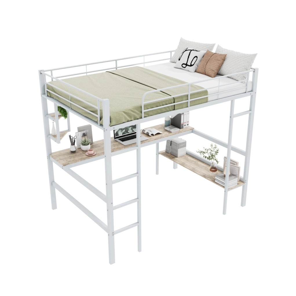 Letto a soppalco 140x200 cm in metallo con scrivania e libreria