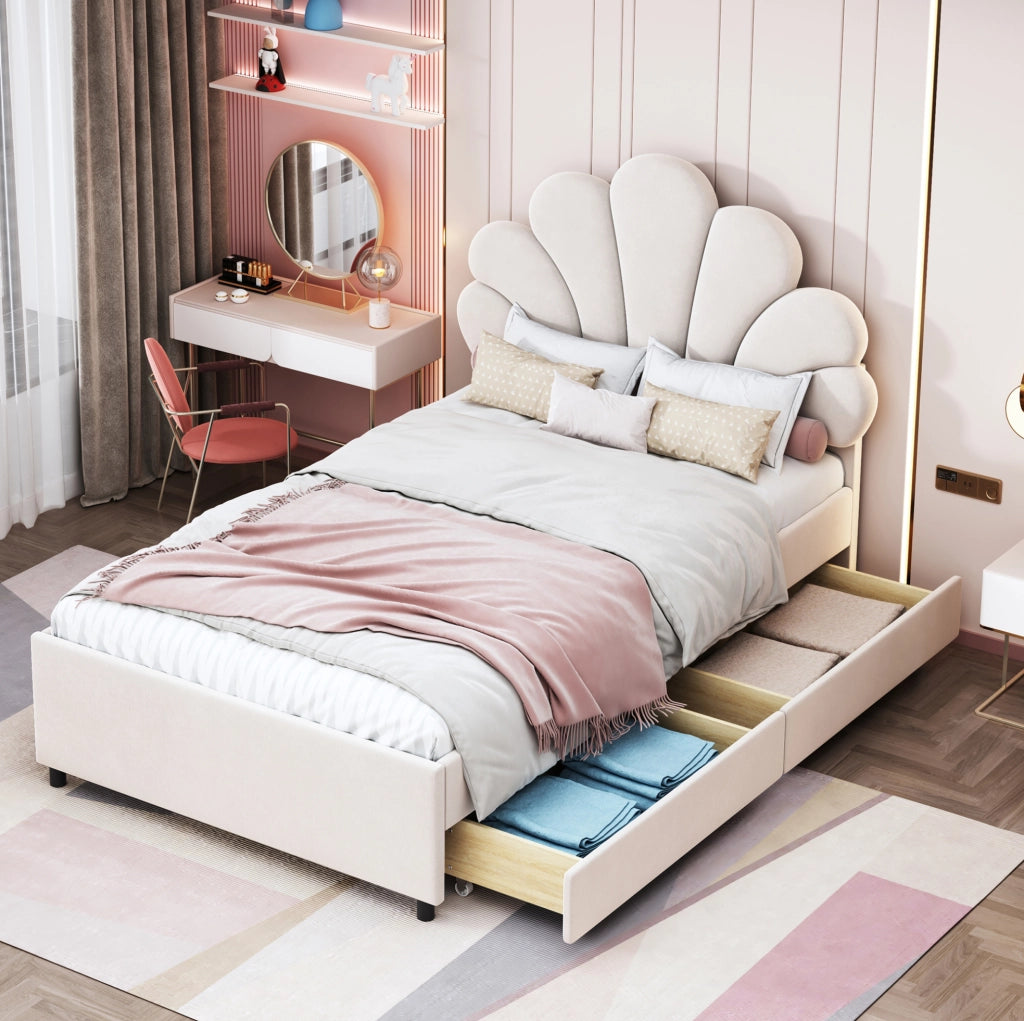 Letto imbottito 90x200 cm con 2 cassetti; velluto beige (Senza materasso)