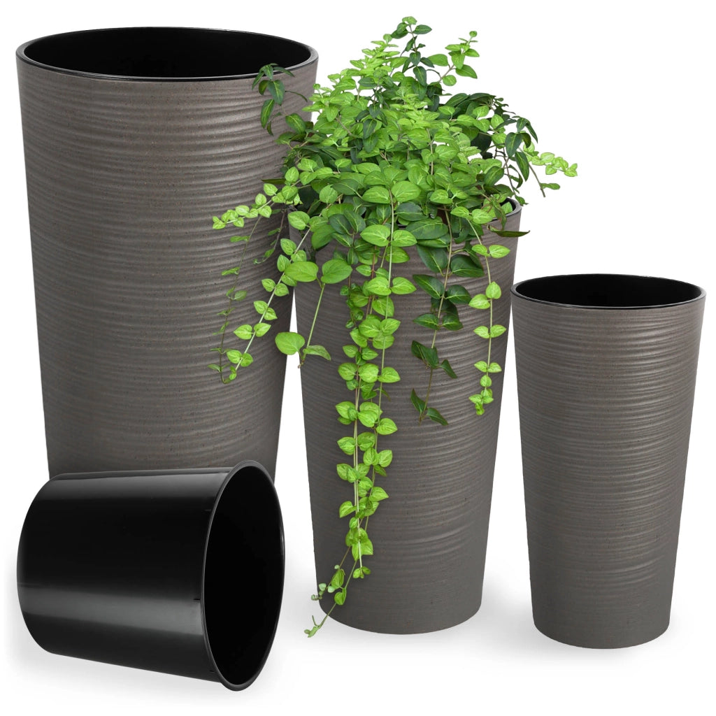 Set di 3 vasi da fiori KADAX, vasi da giardino + inserti, alti, grandi, grigi 37+47+57 cm