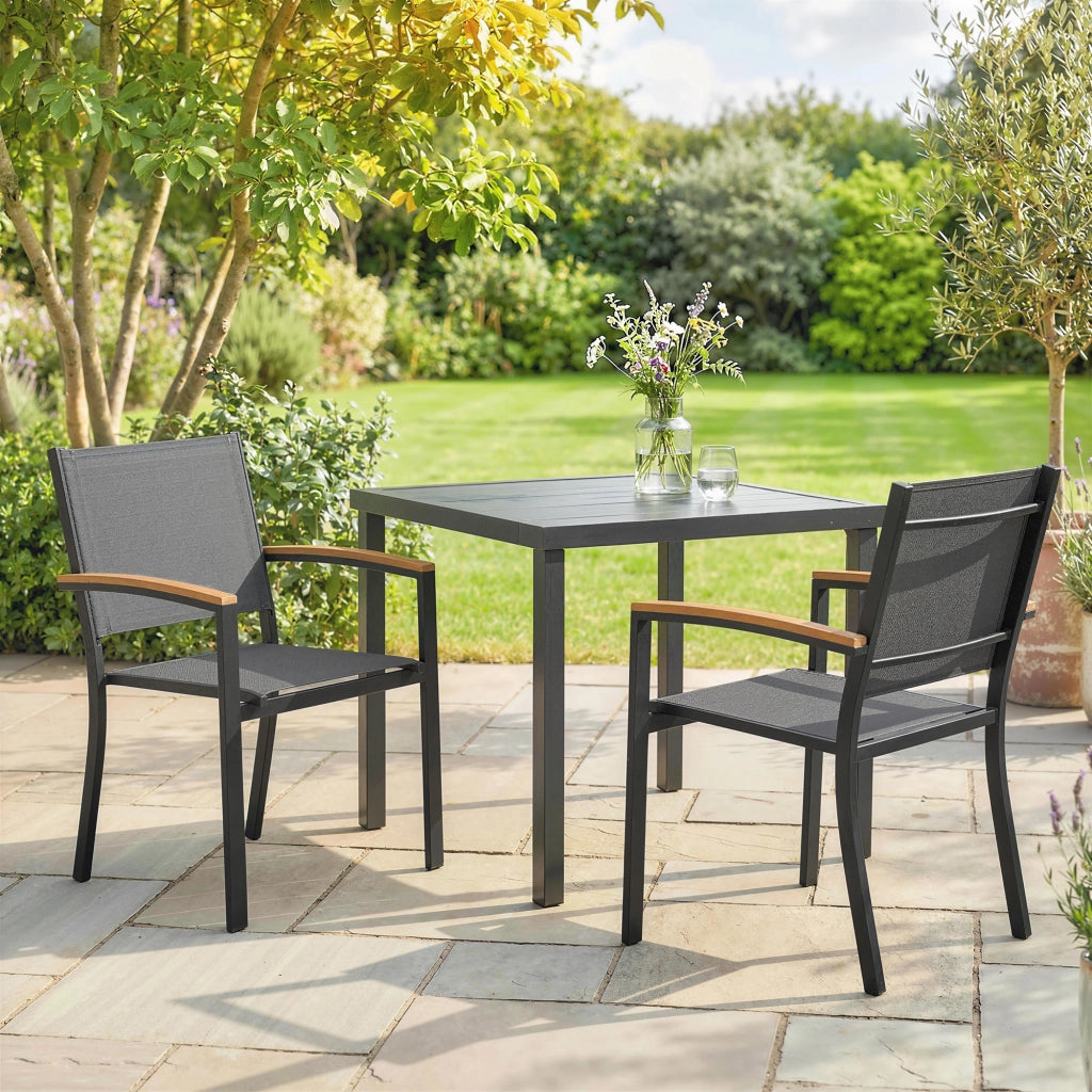 Set 2 Sedie da Giardino in Texteline e Metallo con Braccioli Effetto Legno, 56x62x89 cm, Grigio