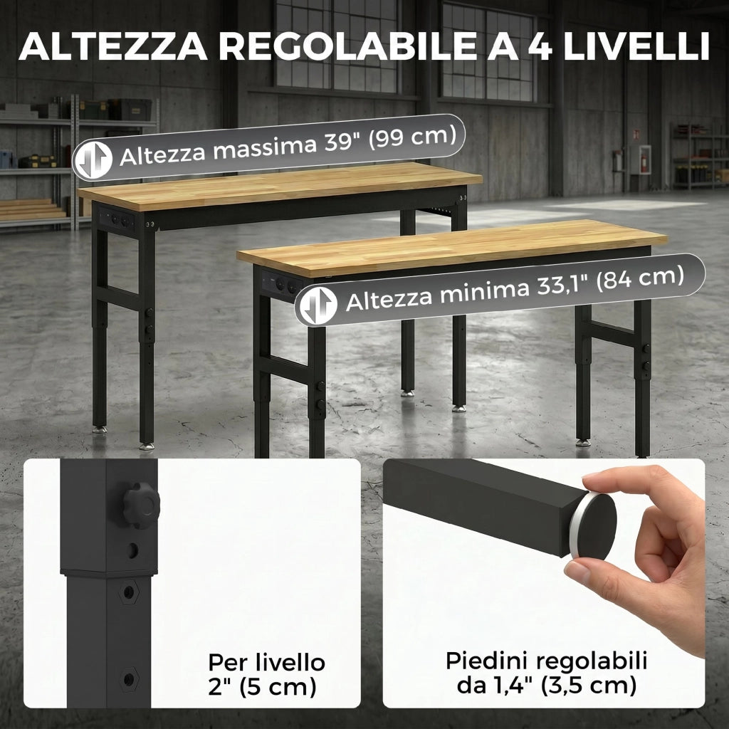 Banco da Lavoro in Legno e Acciaio Altezza Regolabile. 2 Prese AC. Capacit¨¤ 900 kg. Color Legno e Nero