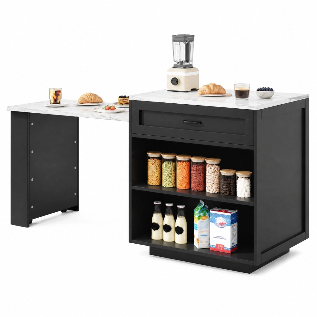 Tavolo allungabile con 1 cassetto e 4 vani; ruote - per cucina - in MDF - nero