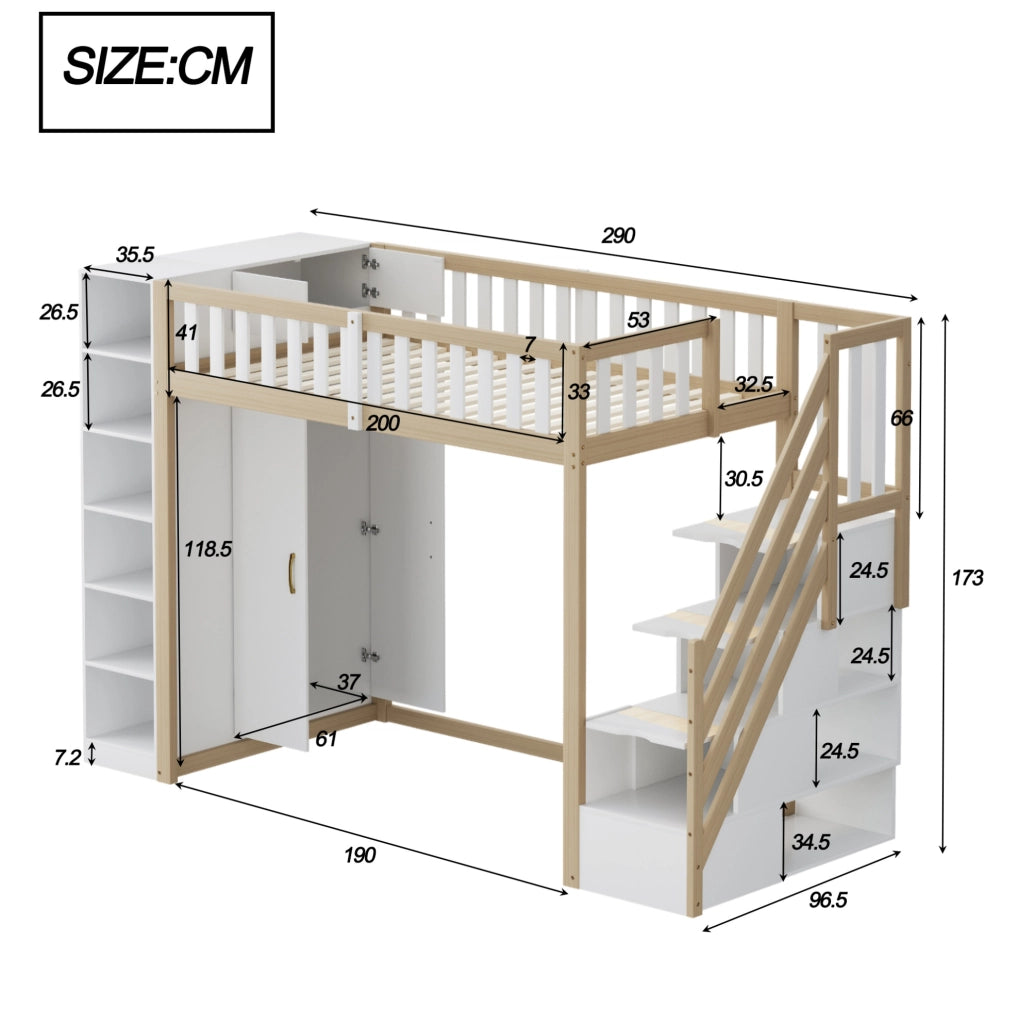 LETTO a soppalco 90x200 cm con armadio, scaffali e scala di sicurezza Bianco/Legno