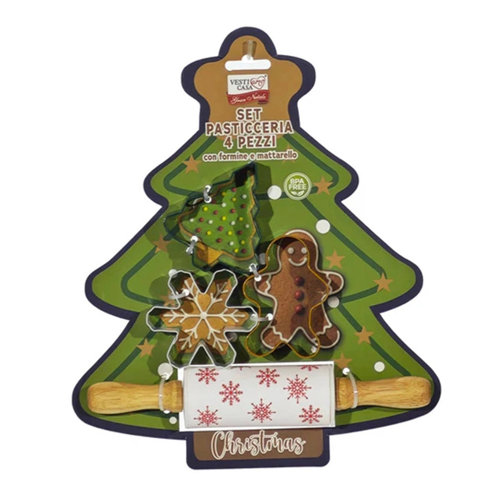 Trade Shop - Set 4 Pezzi Pasticceria Con Formine Tema Natalizie Per Dolci + Matterello In Silicone -