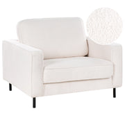 Poltrona in tessuto boucle bianco con cuscini e gambe in metallo stile moderno minimalista