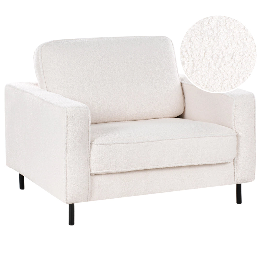 Poltrona in tessuto boucle bianco con cuscini e gambe in metallo stile moderno minimalista
