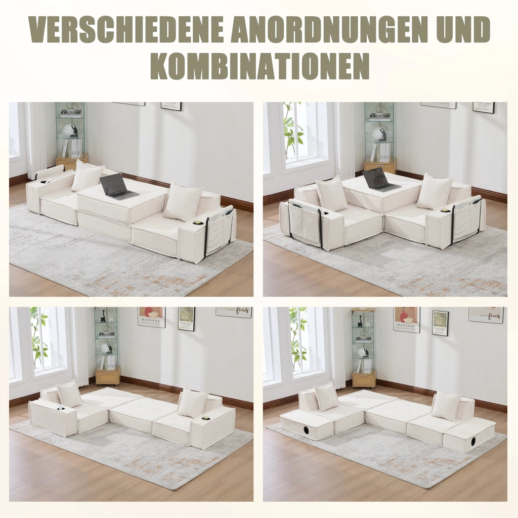 Poltrona pouf modulare con tasche laterali e 2 cuscini - in velluto a coste beige