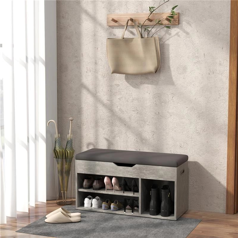 SCARPIERA SALVASPAZIO IMBOTTITA A 3 RIPIANI APERTI CON SPAZIO A SCOMPARSA, IN LEGNO, 80X30X45 CM, NERO E GRIGIO
