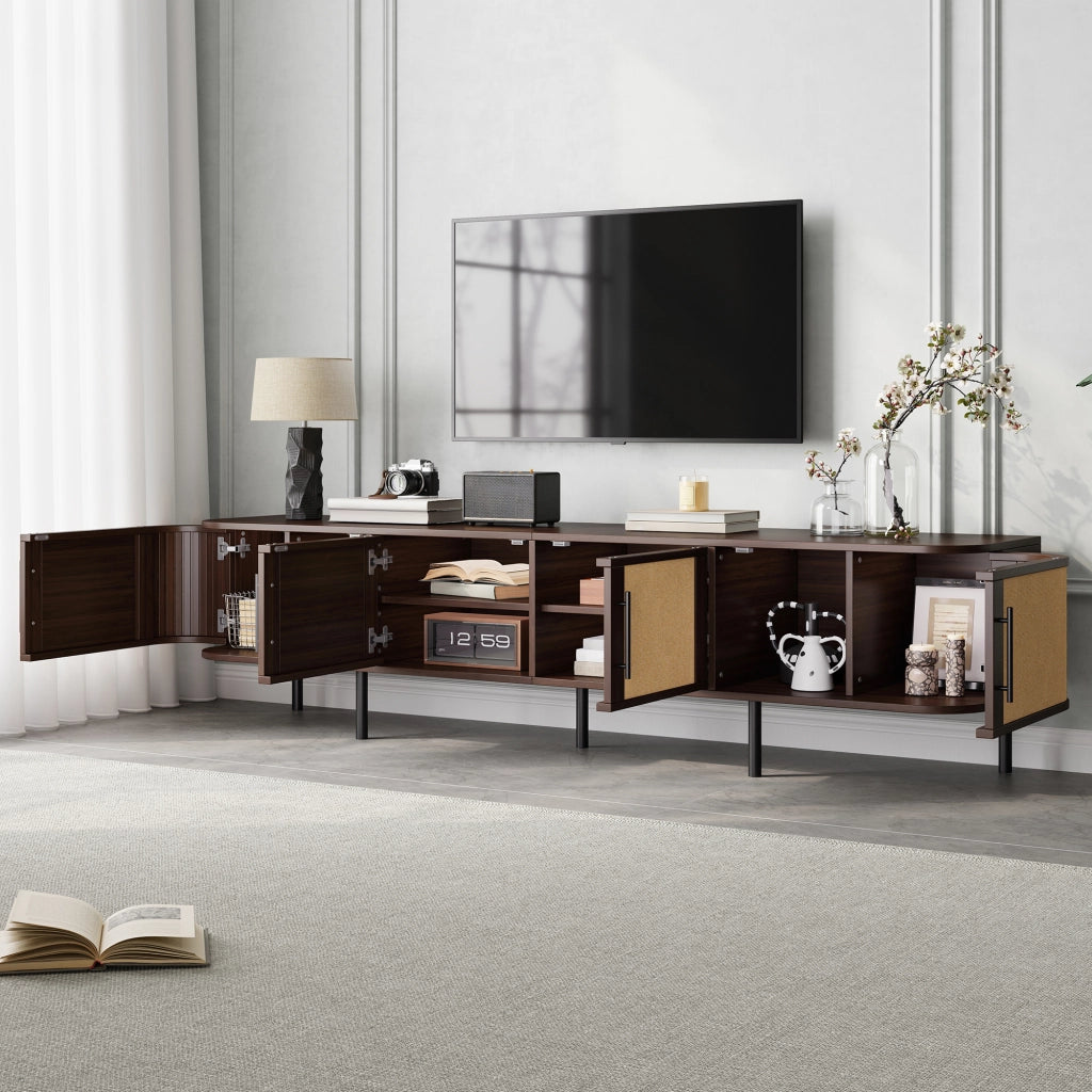 Mobile TV 180x40x45 cm con 4 ante e frontali intrecciati in MDF noce