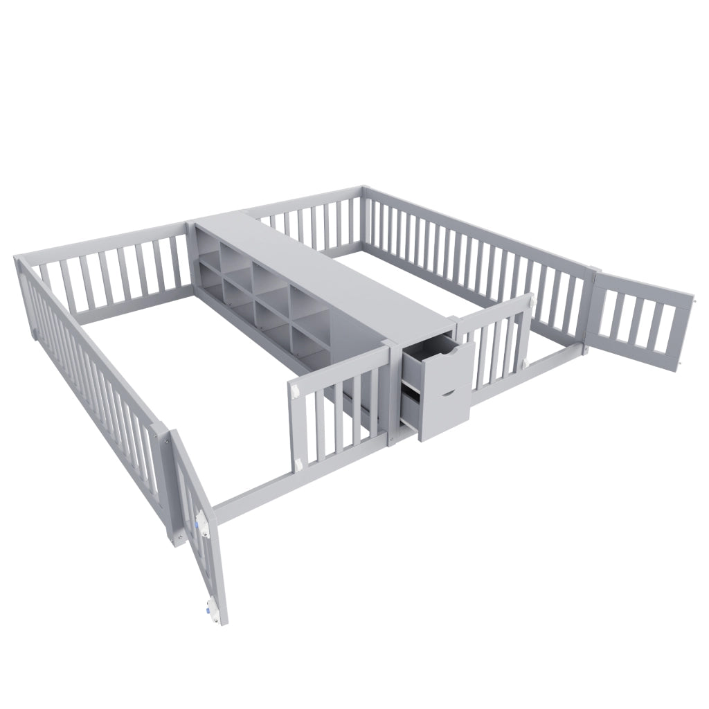 Letto Combinato 90x200 cm; Letto 2 Posti - Contenitore; 2 Cassetti e Mensole - Grigio