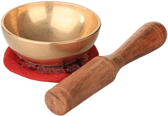 Set di campane tibetane - campana in ottone - cucchiaio in legno - cuscino in stoffa - meditazione - ca. 6 x 2,5 cm - ca. 145 g - Cuscino di meditazione