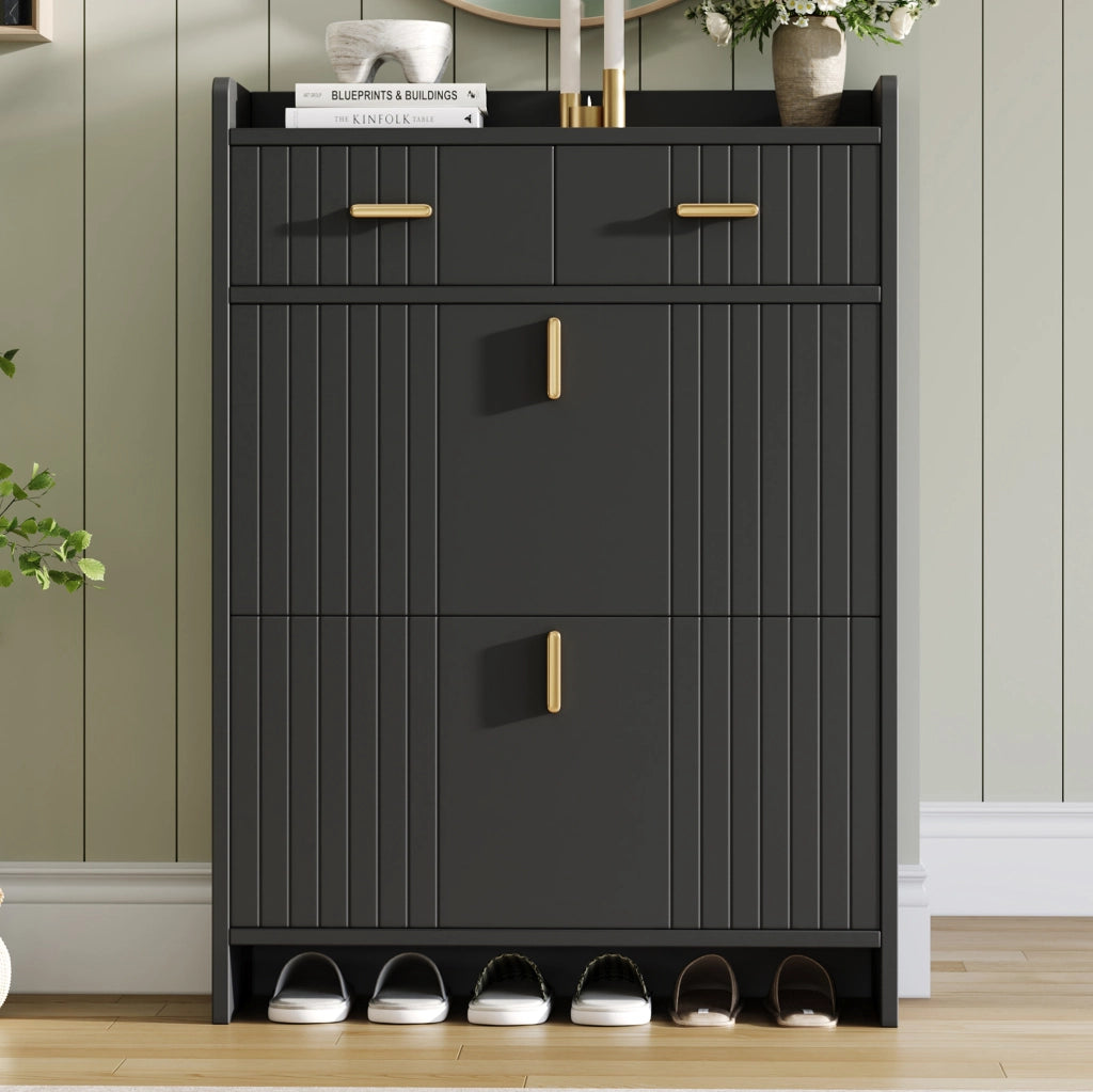 Mobile portascarpe 75 x 24 x 108,5 cm nero con 2 ribalte e 2 cassetti