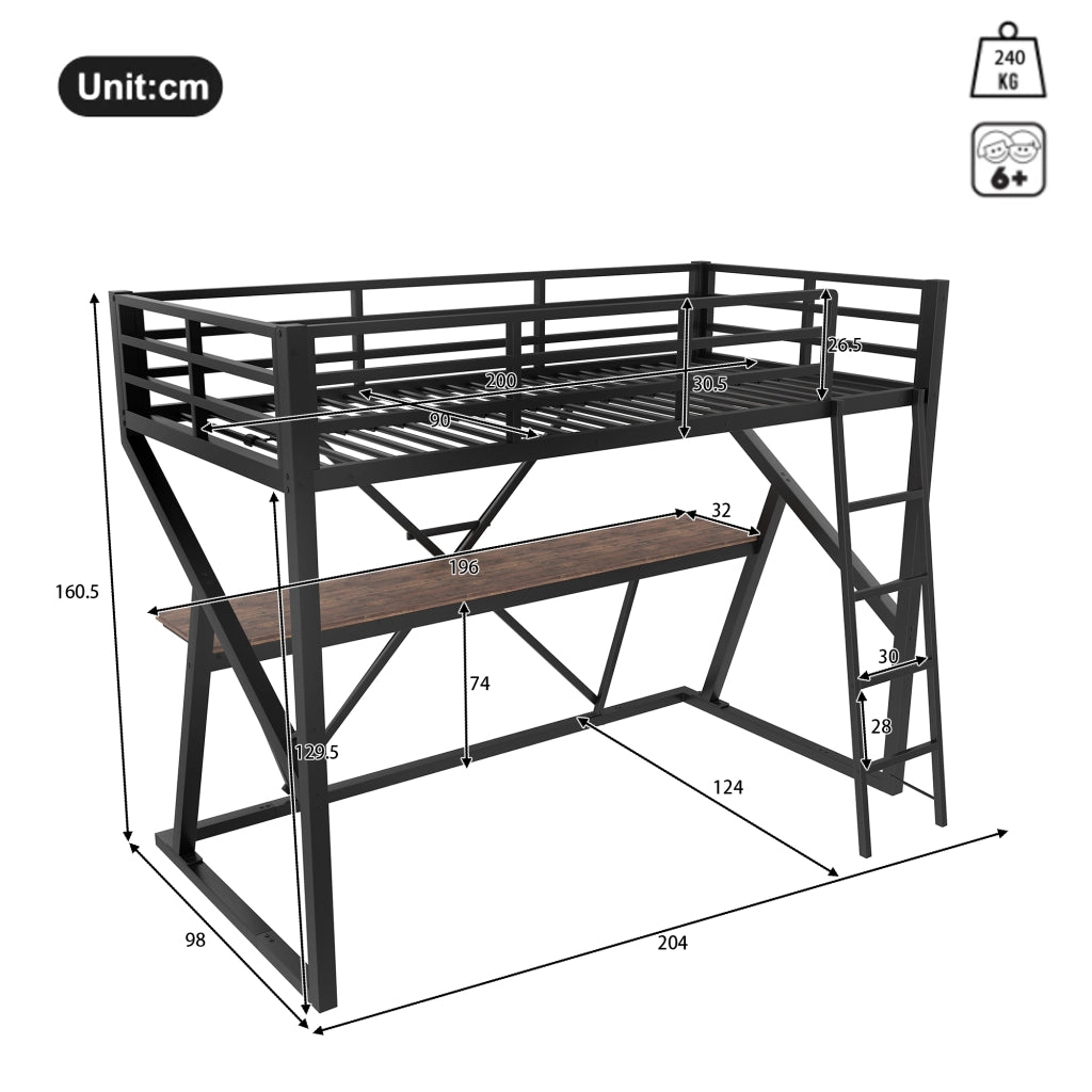 Letto a castello nero in metallo con funzione scrivania led e parapetto 90x200 cm