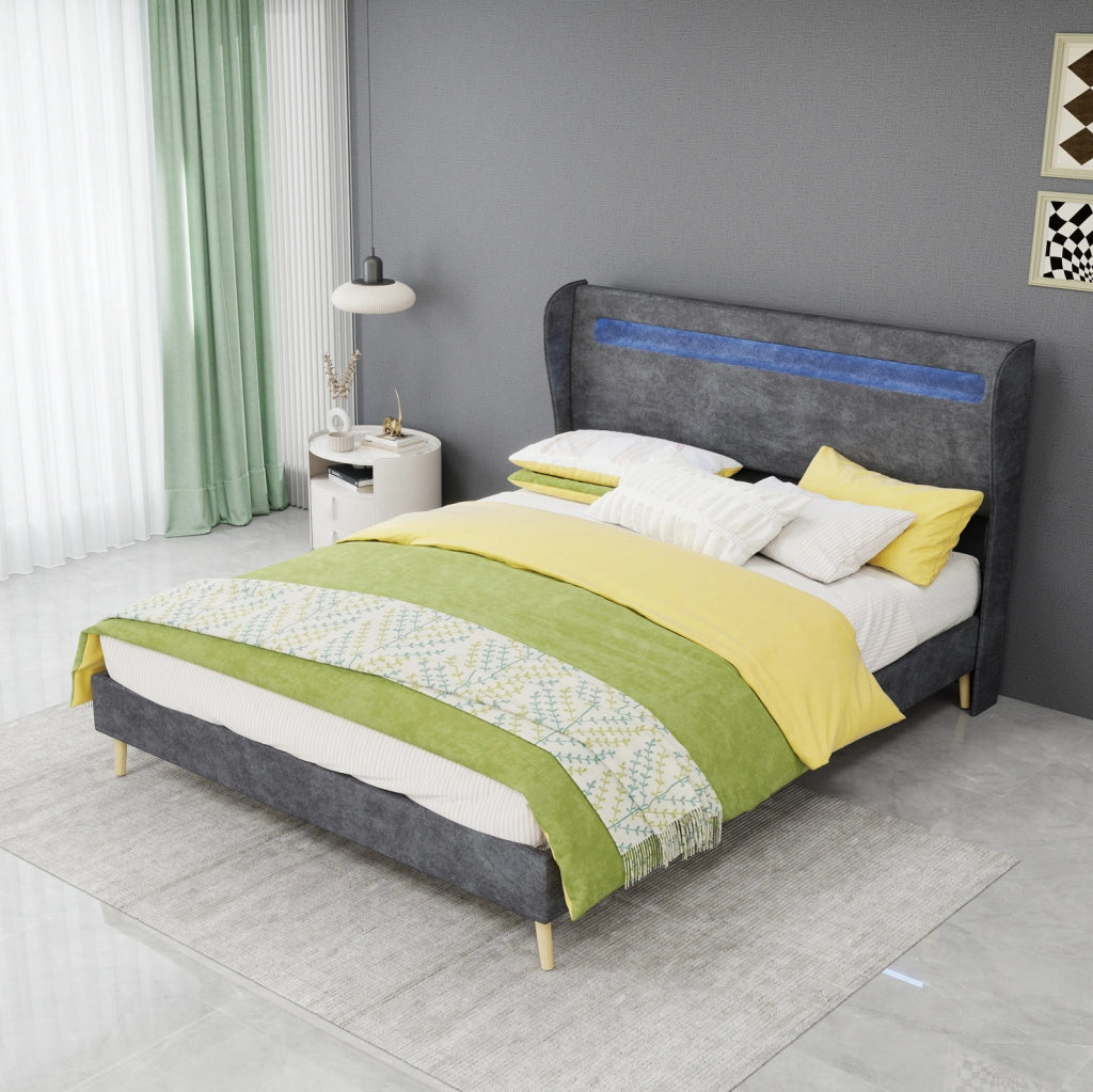 Letto basso 140x200 cm con testiera regolabile e LED multicolore; tessuto e metallo; grigio