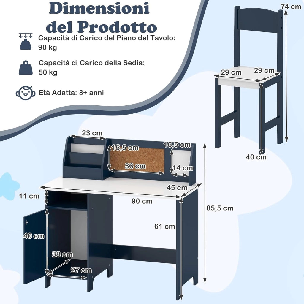 Set Scrivania e Sedia per Bambini 3+ Anni per Studio e Lettura, Blu | Banco Scuola con Sedia Ergonomica, Lavagna Bianca, Pennarello, Armadietto e Bacheca, Postazione Computer per Cameretta