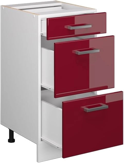 Mobiletto base per cucina R-Line, Rosso lucido, 40 cm con cassetti, senza piano di lavoro, per la libera combinazione all'interno di sistemi cucina modulari