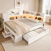 Letto da giorno 140x200 cm bianco con LED, ricarica USB/Type-C, cassetti e ripiani