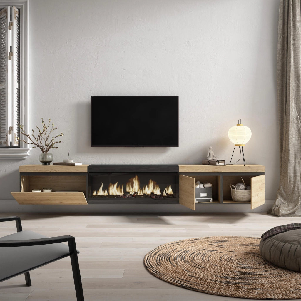 Mobile TV Soggiorno, 288x35x45cm, TV di grande formato, Camino elettrico XXL, da appendere, colore Rovere e nero RF3613