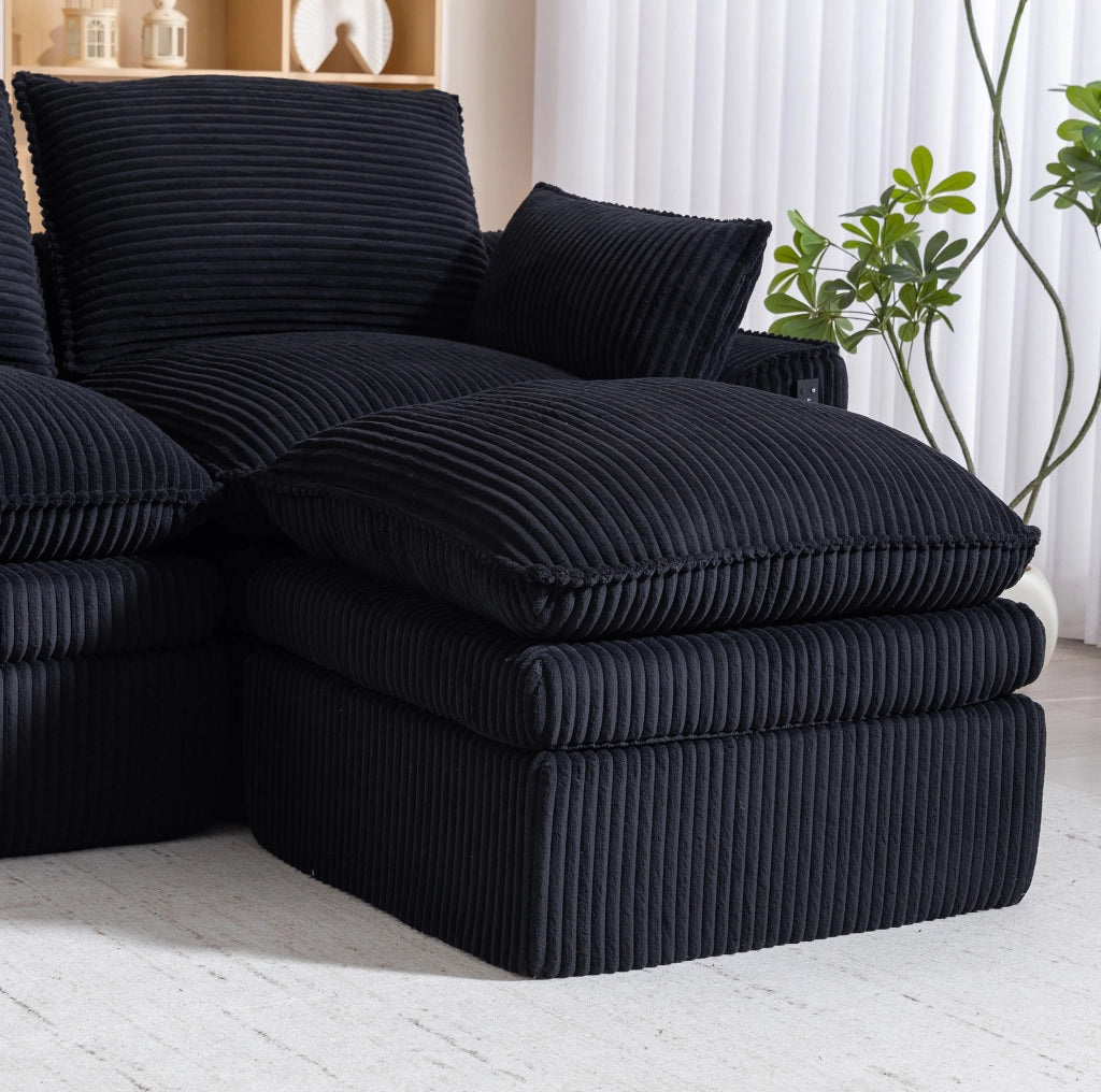 Divano modulare 4 posti in velluto a coste nero con 2 poggiapiedi; 335x167x85 cm