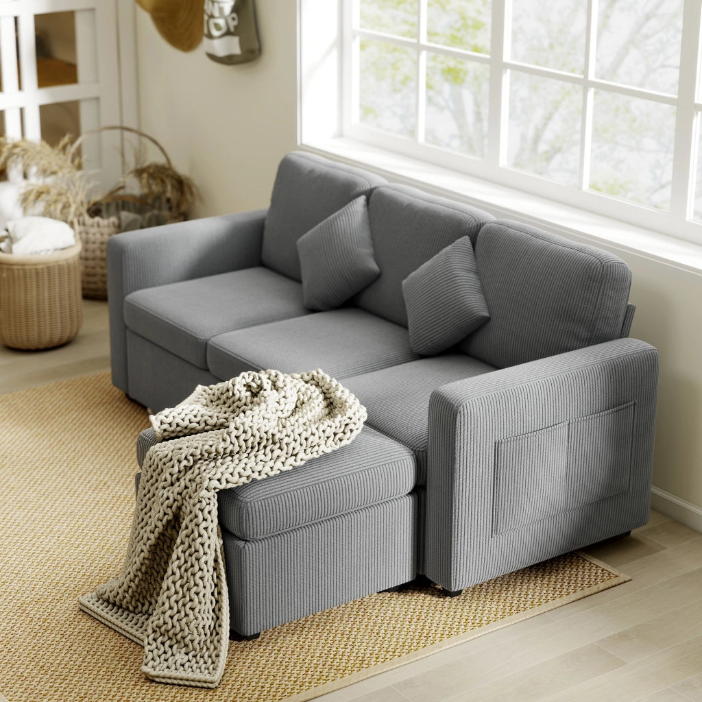 Divano 3 Posti Modulare con Pouf Contenitore 196x139x85 cm in Velluto a Coste Grigio Chiaro