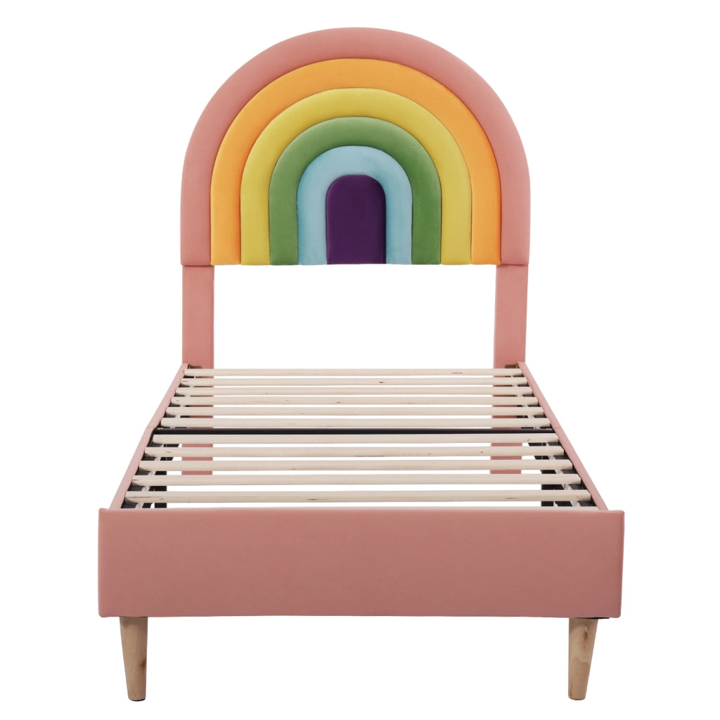 Letto imbottito 90x200 cm in velluto rosa con testiera regolabile e rete a doghe