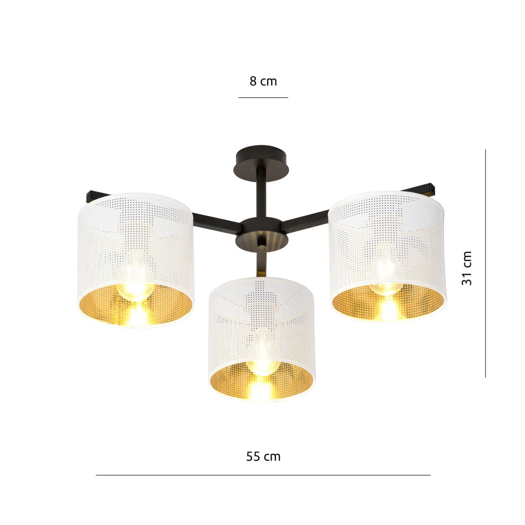 Plafoniera Industrial 3 Luci Cigno In Acciaio Bianco E Paralumi A Cilindro Oro