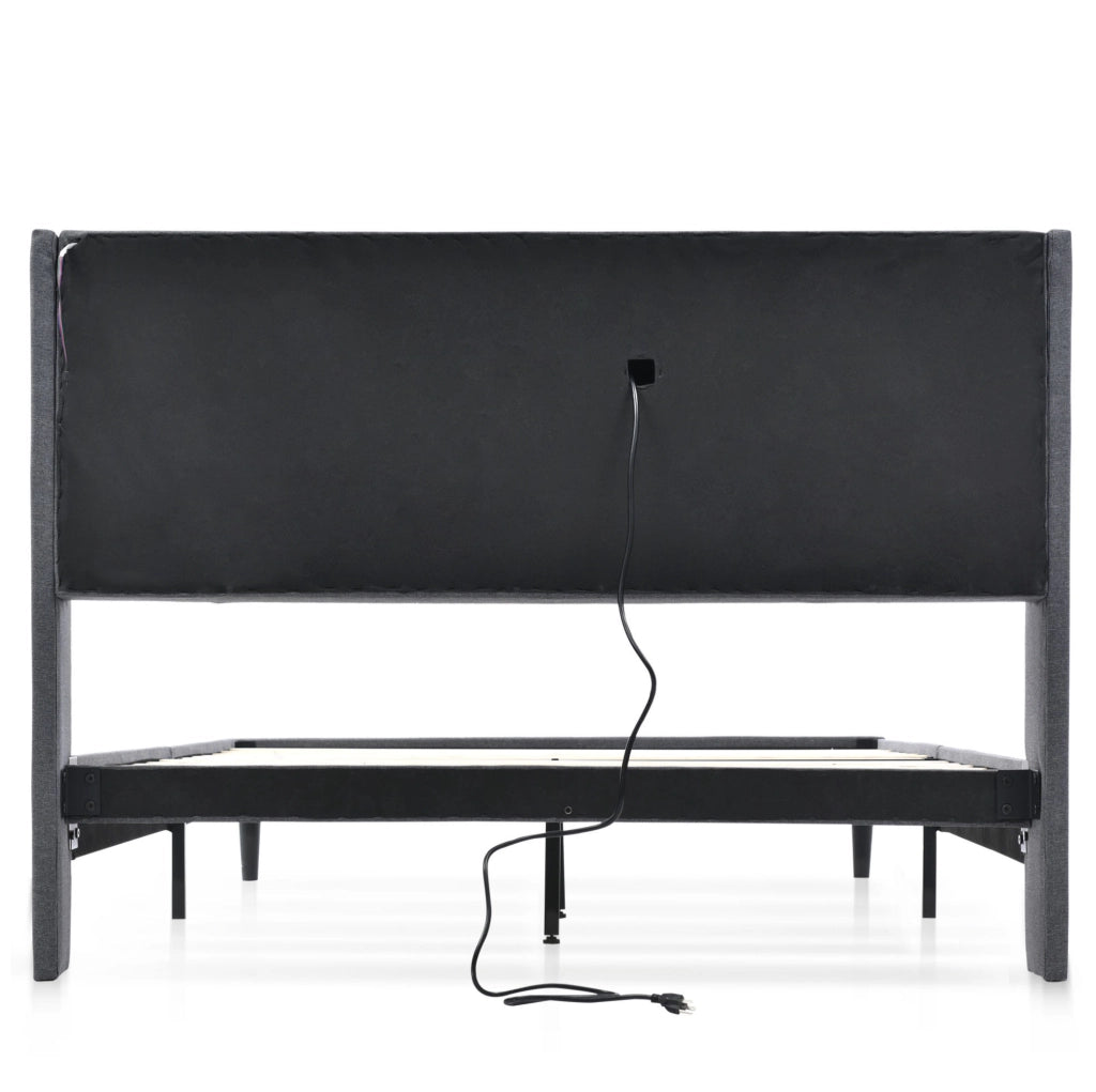 Letto matrimoniale 160x200 cm con testiera contenitore; LED e prese USB; legno massello grigio