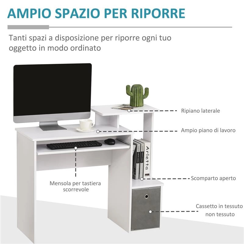 SCRIVANIA PER COMPUTER CON MENSOLA PORTA TASTIERA, RIPIANO E CASSETTO IN TESSUTO, IN LEGNO, 100X40X86.6CM, BIANCO