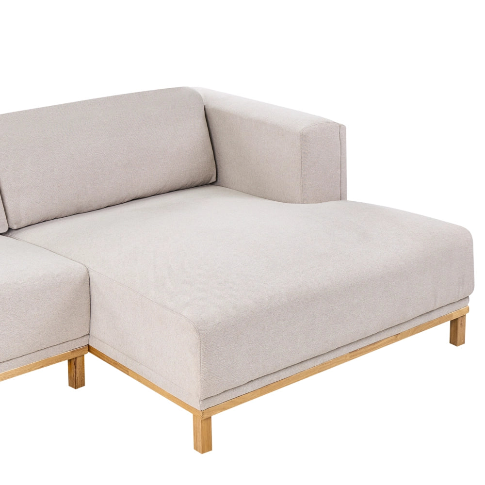 Divano angolare in velluto a coste a 5 posti con braccioli e gambe in legno beige chiaro in stile moderno