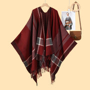 Sciarpa da donna in cashmere a righe con spacco e nappine, taglie forti.