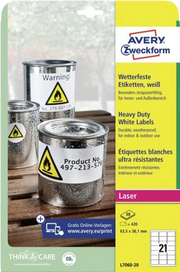 ORIGINAL AVERY Zweckform Etichette Bianco L7060-20 Wasserfeste Etiketten 63.5 x 38.1 mm, 420 pcs, bianco