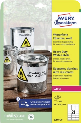 ORIGINAL AVERY Zweckform Etichette Bianco L7060-20 Wasserfeste Etiketten 63.5 x 38.1 mm, 420 pcs, bianco