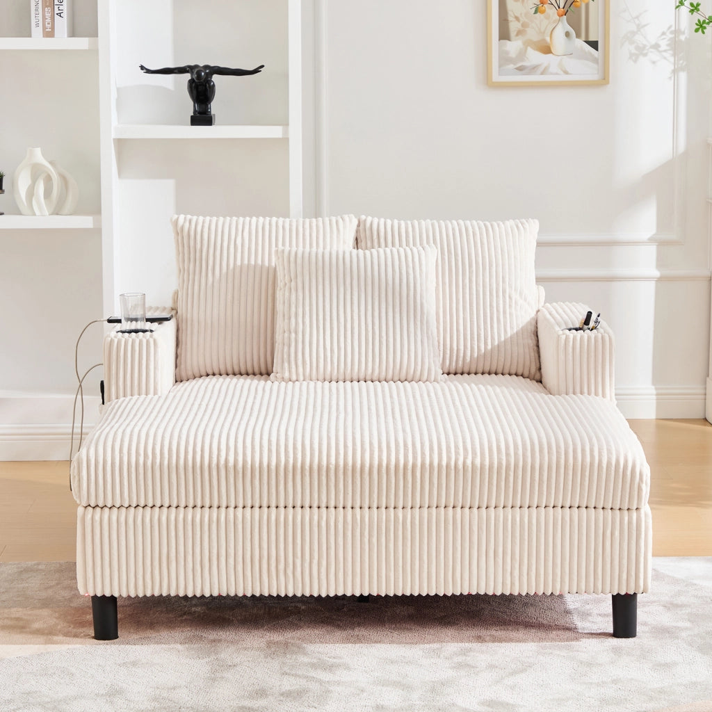 Poltrona relax oversize in corduroy beige con LED, porta USB, portabicchieri e struttura in legno massello