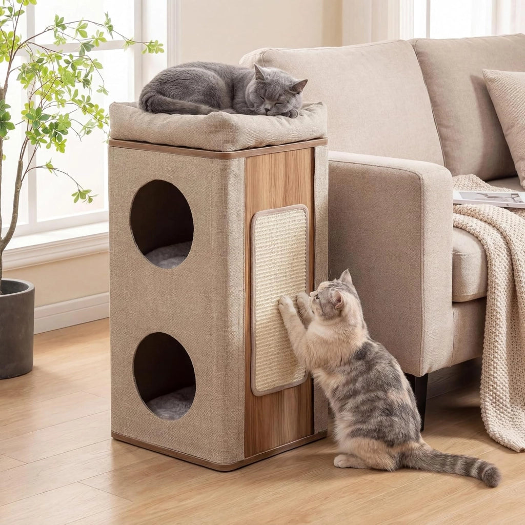 Tiragraffi per Gatti a Torre 77,5 cm, 3 Piani con 2 Grotte, Cuccia Albero per Gatti con Piastra Tiragraffi, Copertura Rimovibile e Cuscino, Tubo Stabile Ø38, Beige e Naturale
