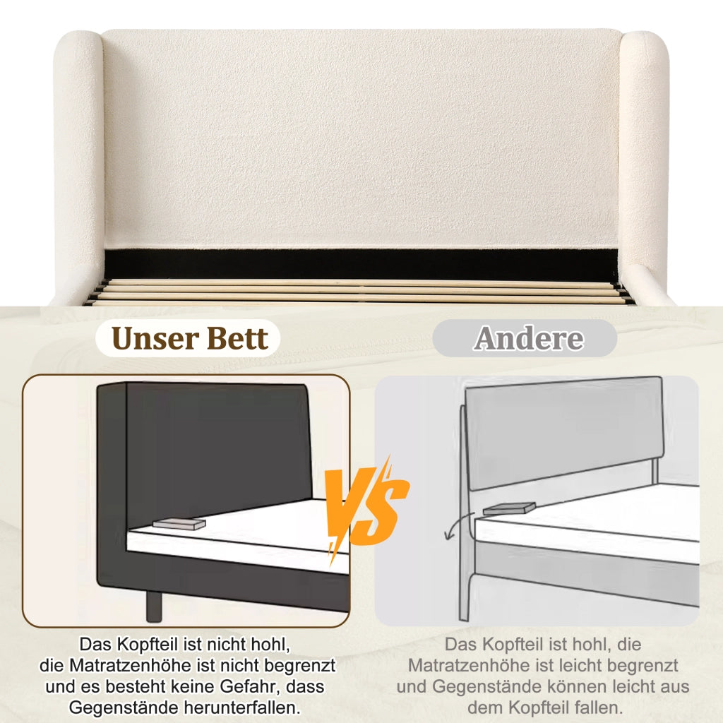 LETTO Contenitore sollevabile 160x200 cm Bouclé Beige con rete a doghe