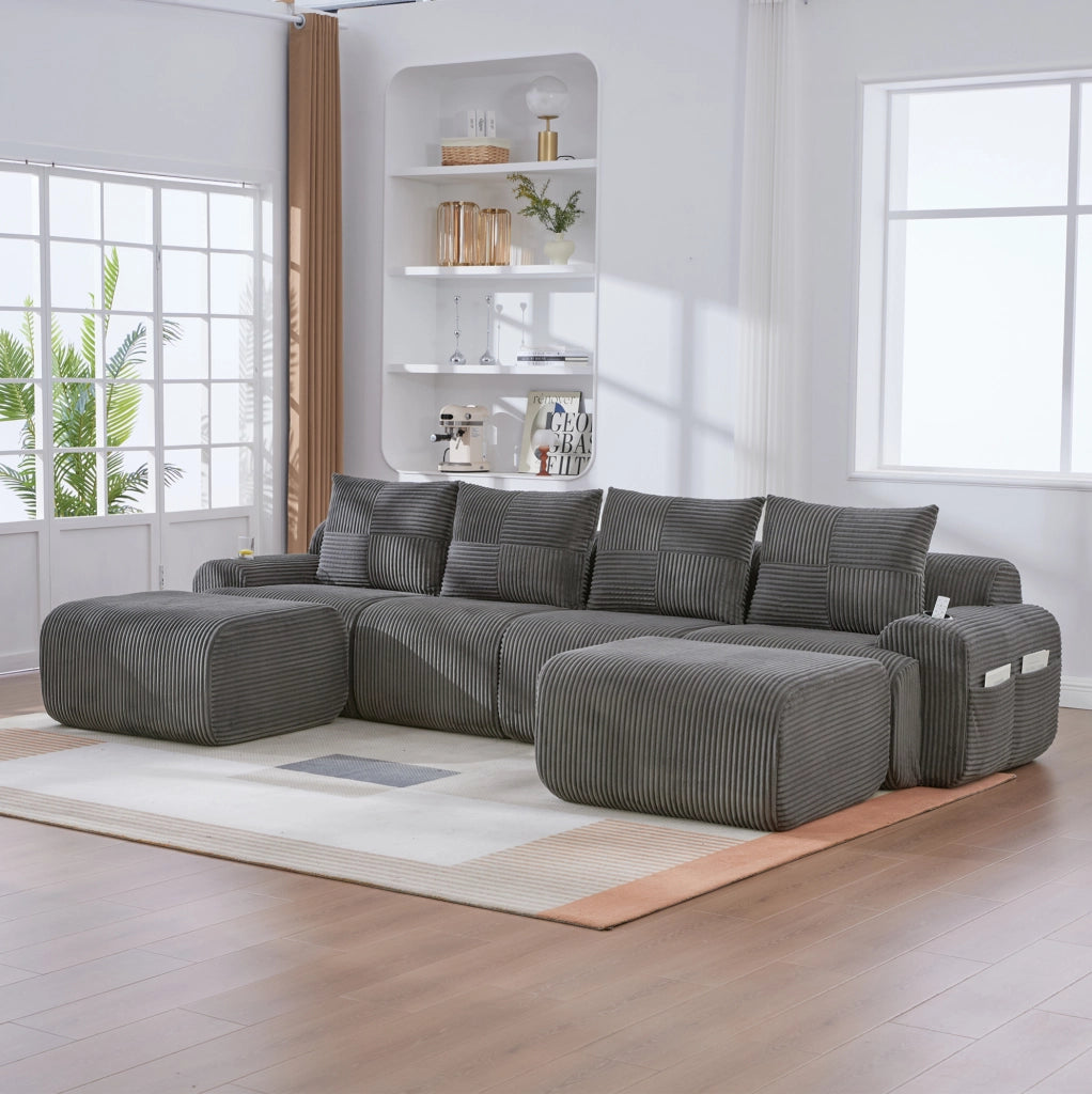 Divano modulare 4 posti in corduroy grigio scuro; 333 cm; con portabicchieri e tasca laterale