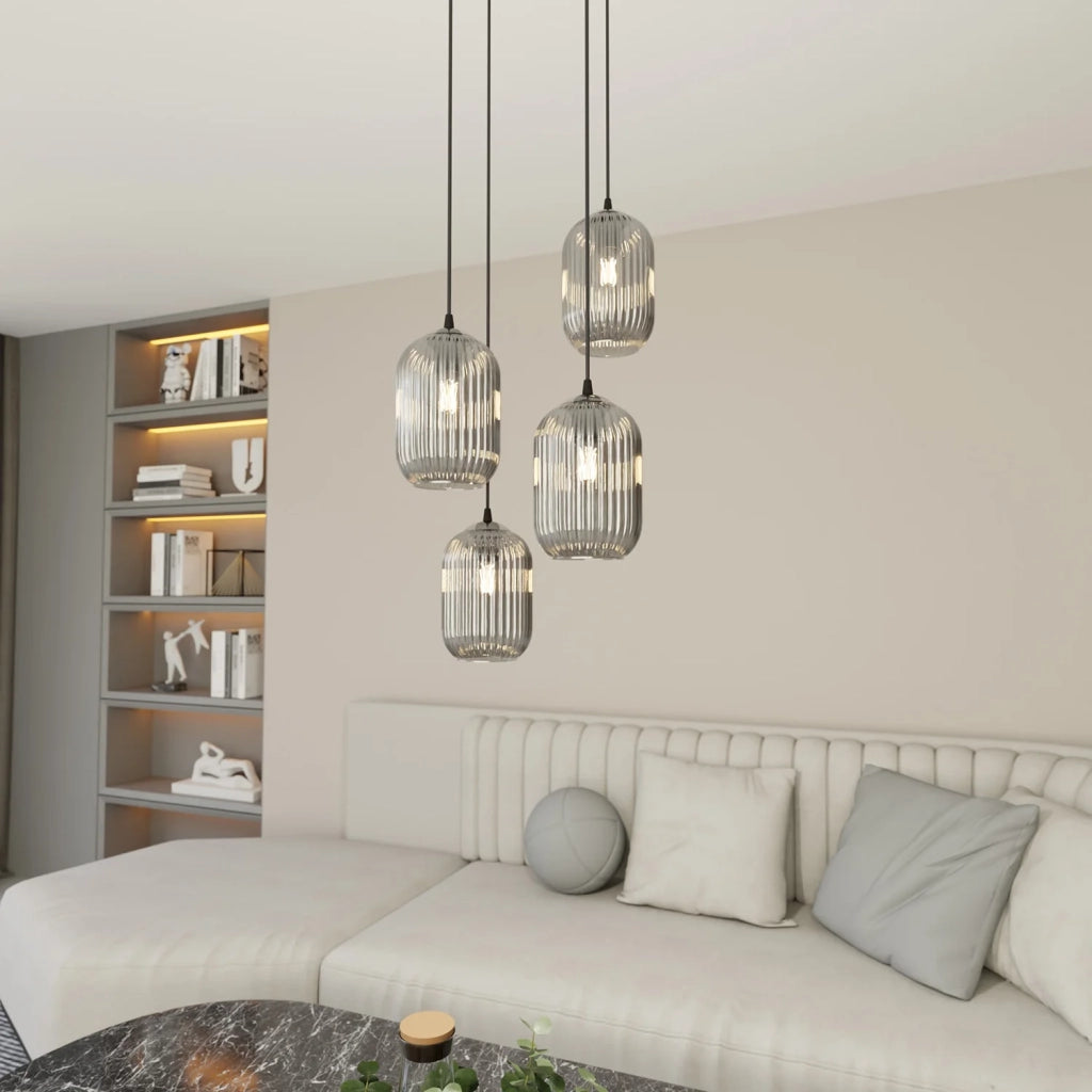Lampadario 4 Luci Selene Base Tonda In Acciaio Nero E Vetri Plissettati Fumè