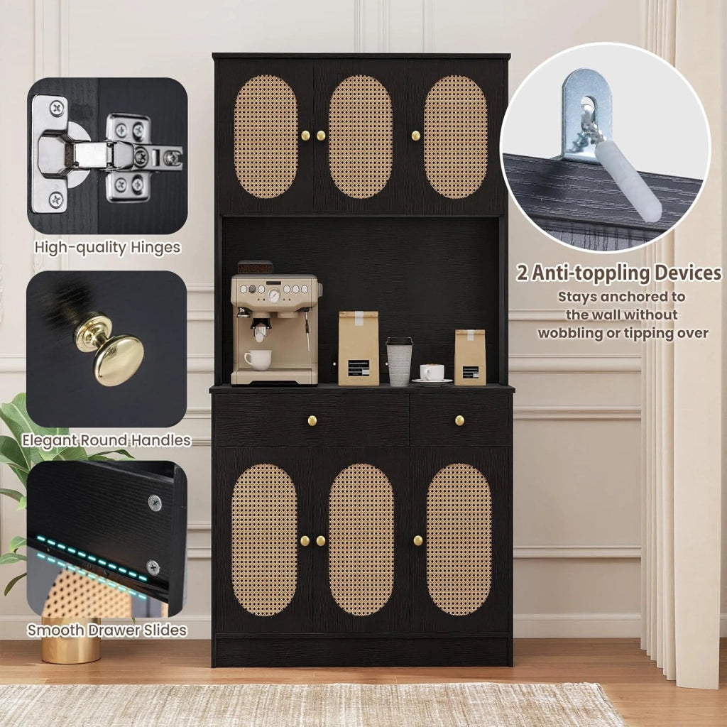 Credenza Alta da Cucina con Stazione di Ricarica, Armadio Dispensa con 2 Cassetti e Ante, Mobile Buffet con Ripiani Regolabili, per Sala da Pranzo, Soggiorno, 100 x 40 x 180 cm (Nero)