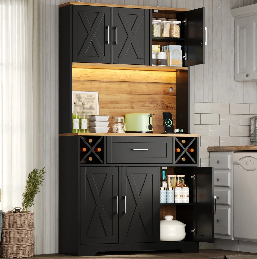 Credenza alta da cucina con LED RGB e presa 105x40x180 cm in MDF; naturale e nero