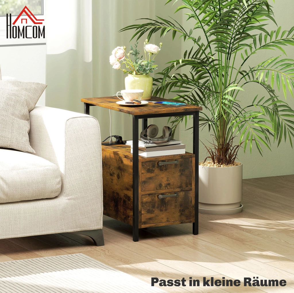 Tavolino laterale ULEVR 55x35x58,5 cm con 2 cassetti, presa USB e Type-C, marrone