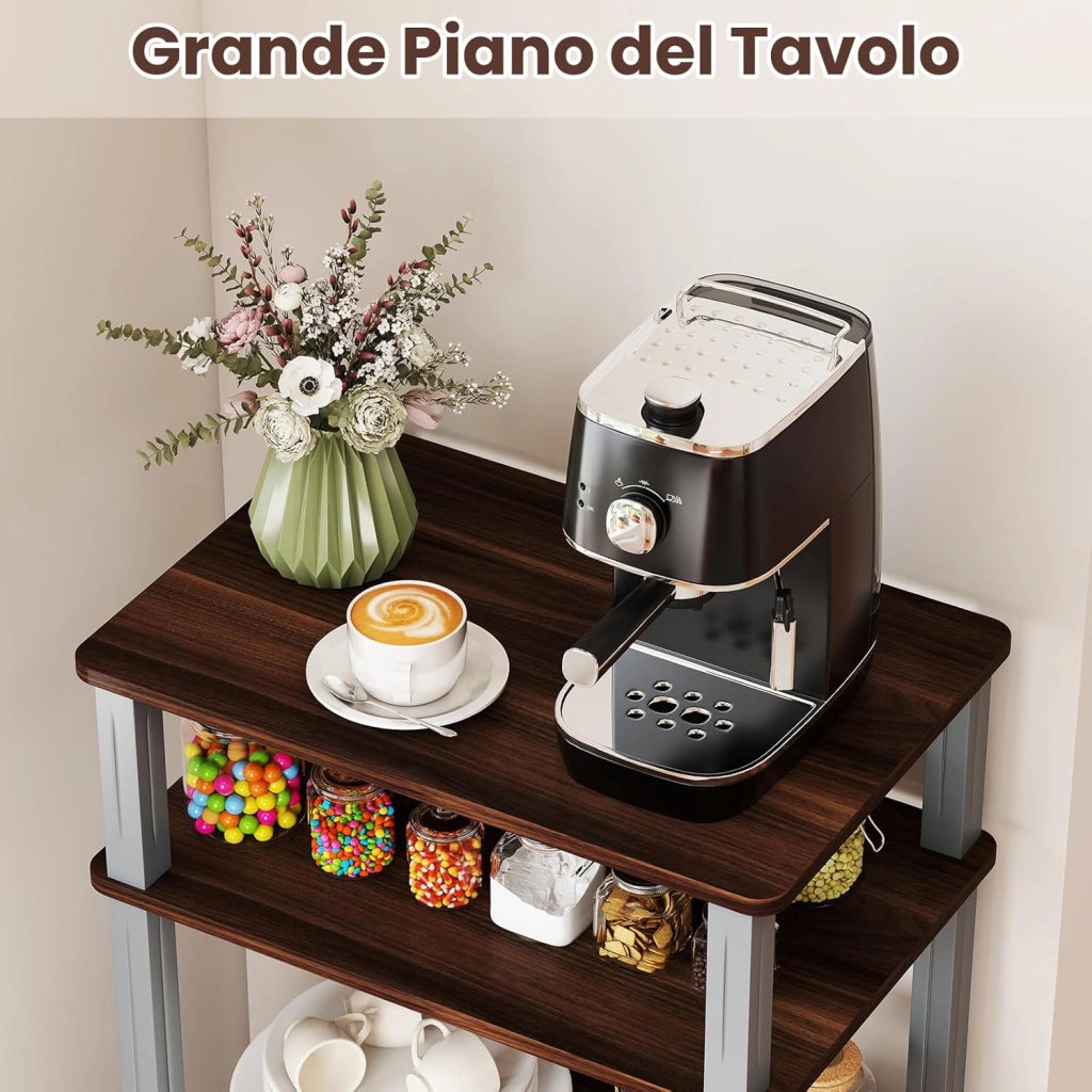 Scaffale da Cucina per Microonde Carrello da Cucina, con Ruote e 2 Ante, Multifunzionale e Movimento Flessibile, 60x40x98 cm (Caffè)