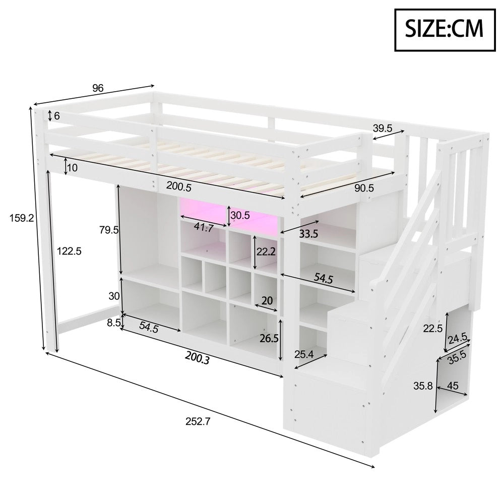 Letto a soppalco con cassetti e armadio - Zephmum- 90x200 cm, illuminazione LED, scala integrata, bianco