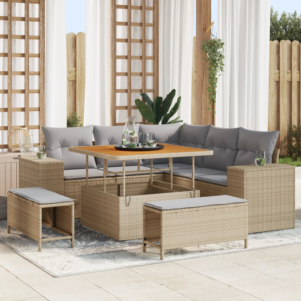 Set Divano da Giardino 8 Pezzi con Cuscini Beige in Polyrattan e Acacia