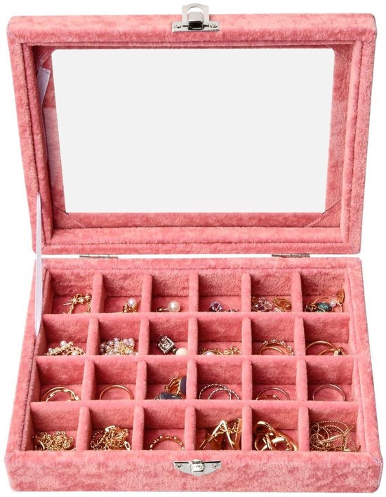 Mostra Gioielli 24 Compartimenti - Cassettino per Gioielli - Copertura Rimovibile - Coperchio Vetrato - Organizzatore in Velluto - Dimensioni 20,5 x 15 x 5 cm - Soffice e Pratico - Organizzatore Gioielli