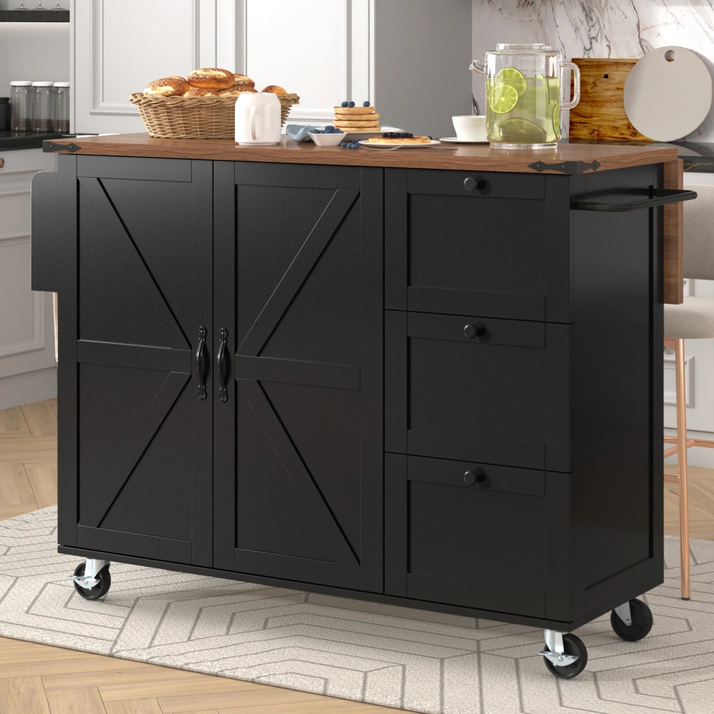Carrello da Cucina con 1 Anta; 3 Cassetti; Piano Ribaltabile; Portaasciugamani e Ruote; in MDF; Nero