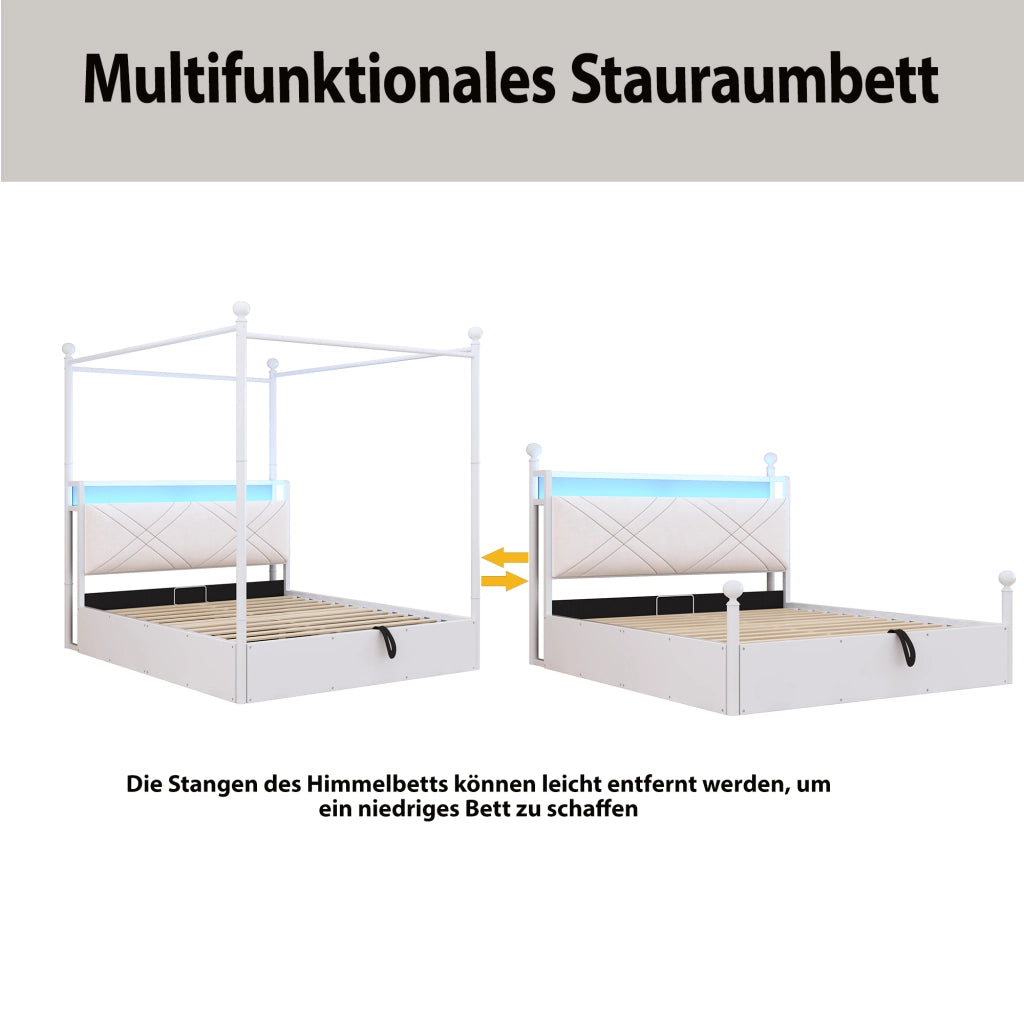 Letto matrimoniale 140 × 190 cm con contenitore, 3 cassetti, LED, USB e Type-C, senza materasso, bianco